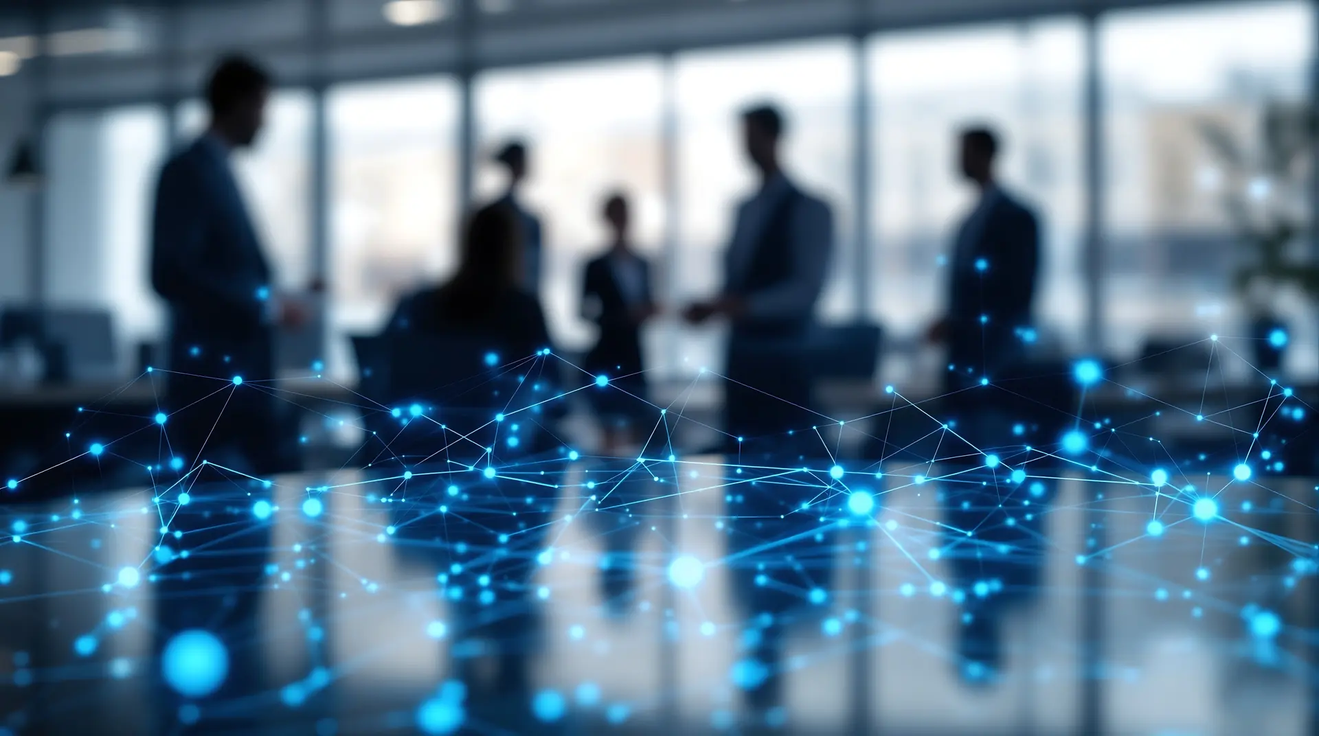 Business leaders meeting with a digital network overlay